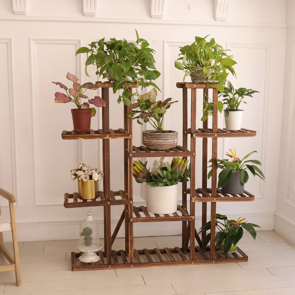 46" Multi-Tier Wooden Plant Stand – 16-Pot Flower Display Rack for Indoor & Outdoor Patio or Garden