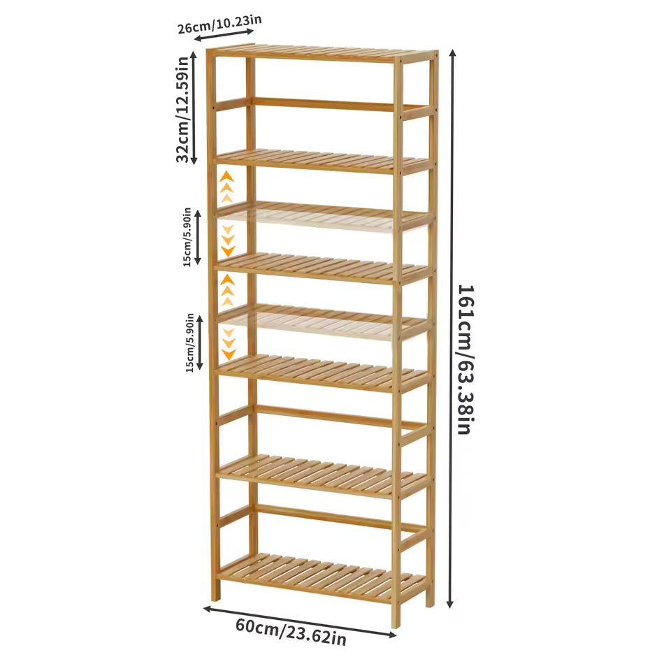 Tall bamboo shelving unit with dimensions and arrows showing adjustable shelf heights.