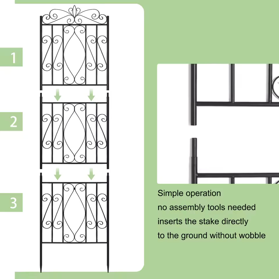 Diagram showing tool-free three-piece assembly of a black metal garden trellis with stakes.