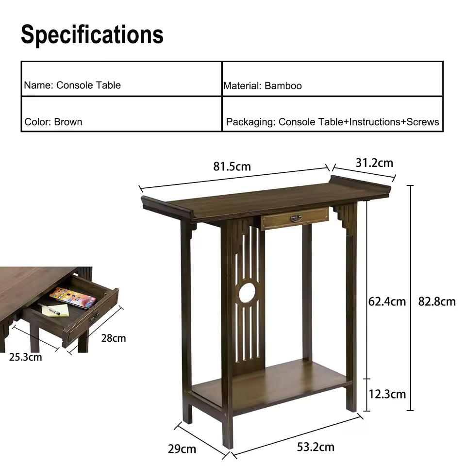 Specification diagram of a brown bamboo console table with height, length, and drawer dimensions.