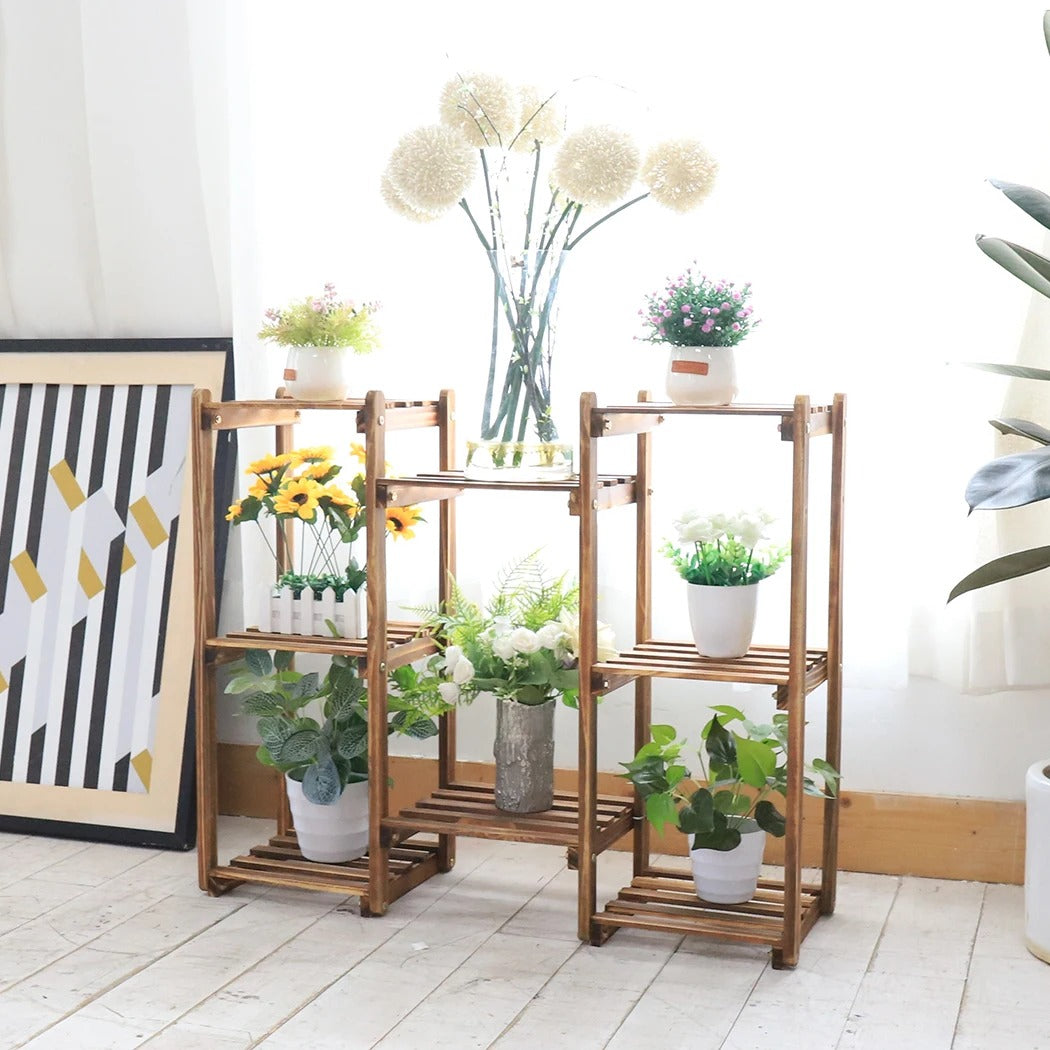 10 Pot Stylish Bamboo Plant Stand for In/Outdoor, Bonsai Flower Display, Shelf Holder Rack