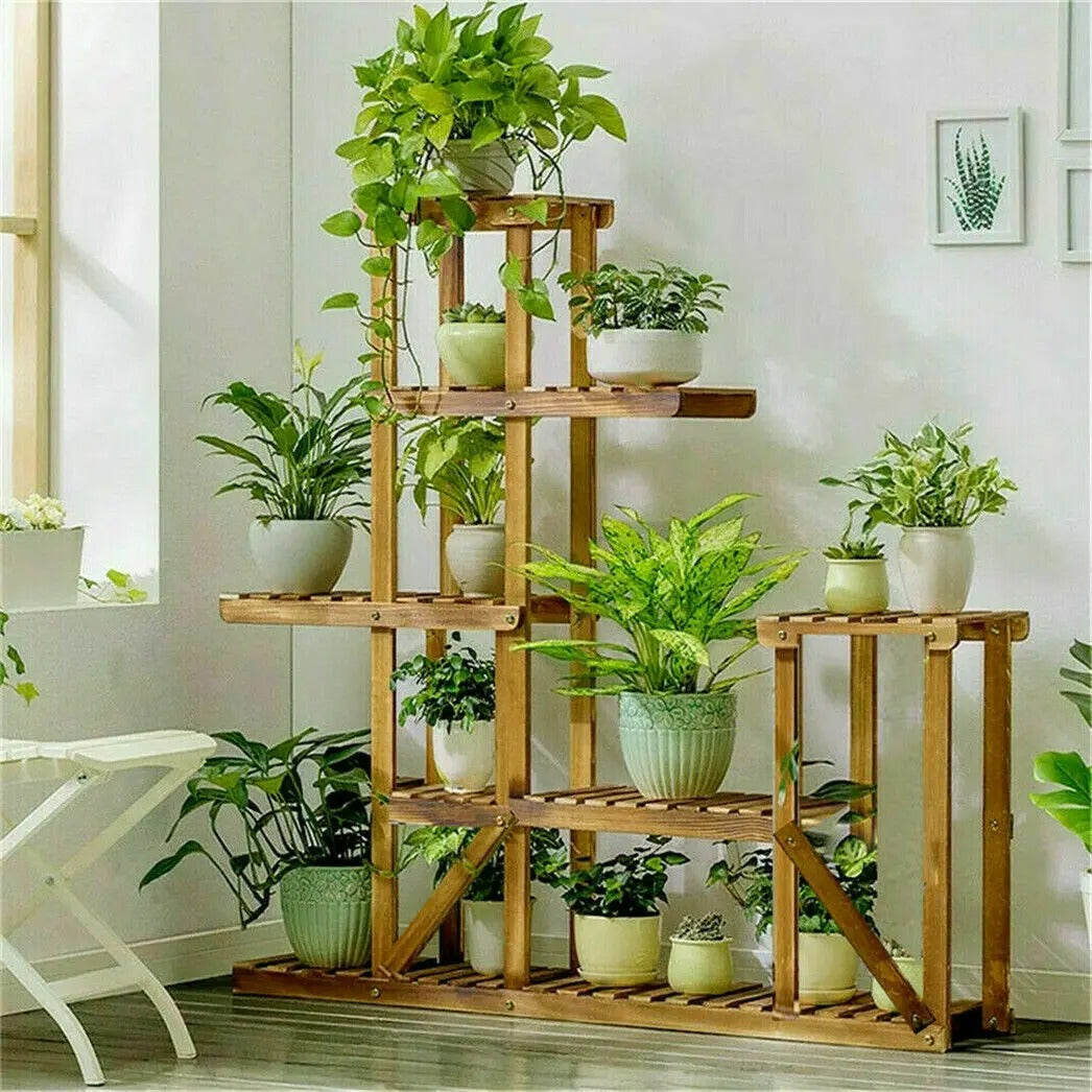 6 Tiered Wooden Plant Flower Stand, Planter Display Indoor Outdoor Flower Rack for Yard