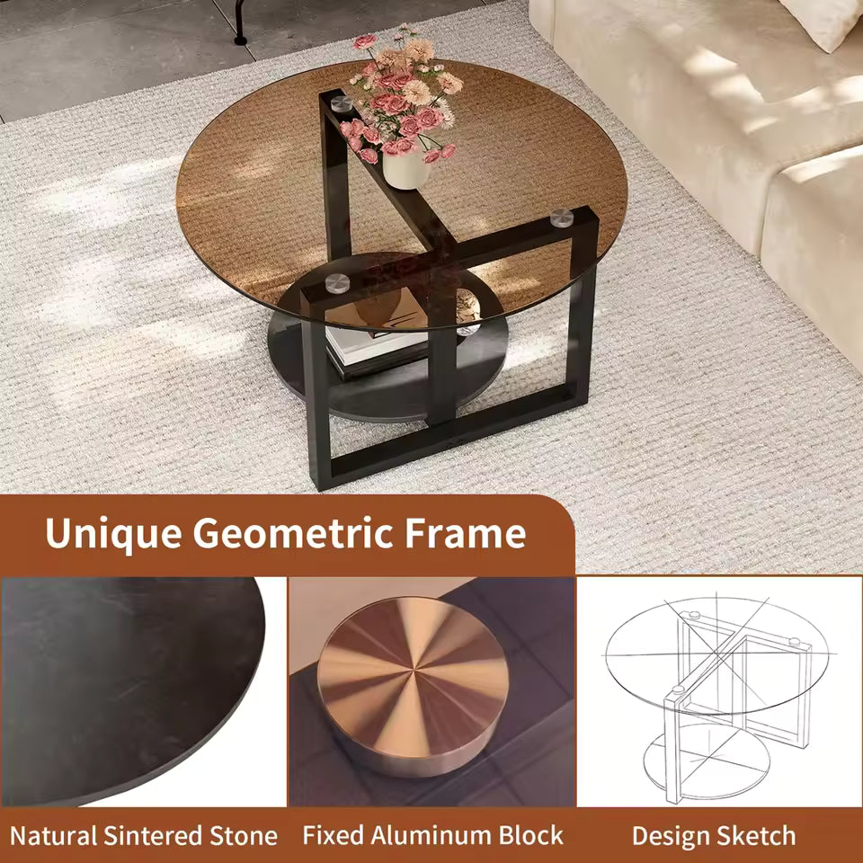 Round amber glass coffee table with a black geometric metal frame and lower storage tier.