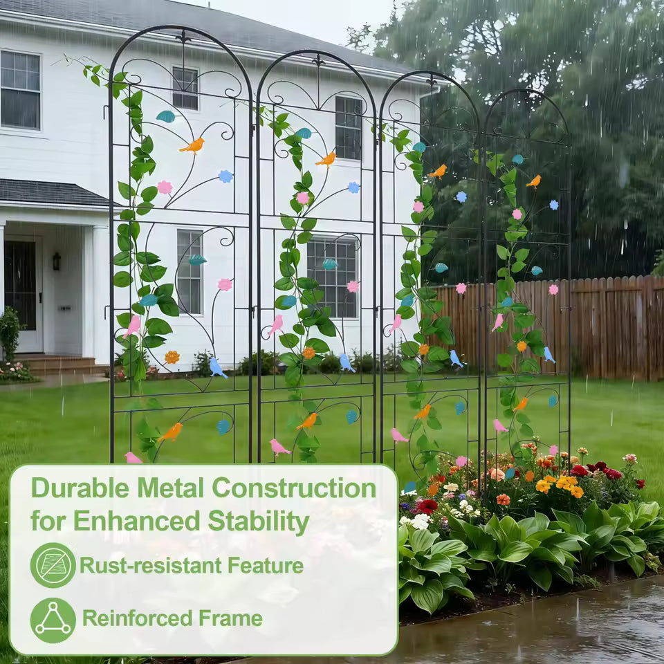 Arched metal garden trellis outdoors with colorful decorative birds, flowers, and climbing vines.