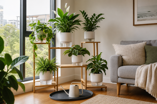 Wooden plant stand with indoor plants in self-watering pots beside a bright apartment window