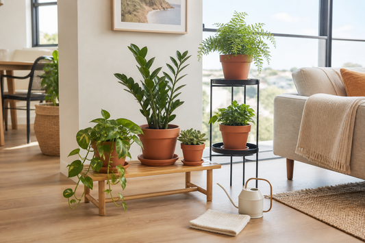 Terracotta pots on bamboo and black metal plant stands in a bright Australian apartment