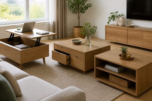 Lift-top, drawer and open-shelf coffee tables in a bright Australian apartment living room