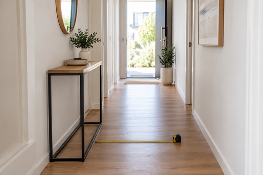 Slim console table in a narrow Australian hallway with a tape measure showing clear walkway space