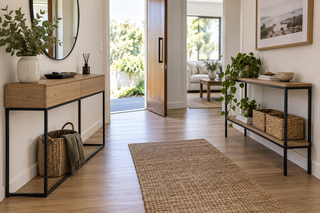 Two slim console tables with drawers and open shelves in a bright Australian entryway