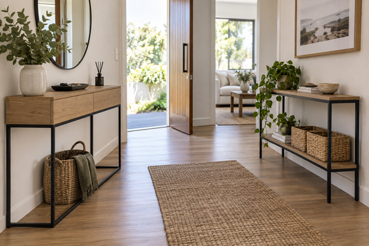Two slim console tables with drawers and open shelves in a bright Australian entryway