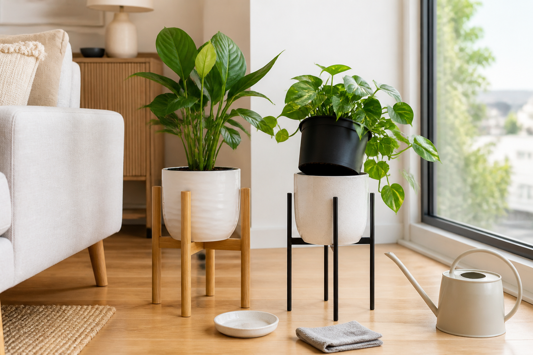 Decorative cachepots with inner pots on wooden and metal plant stands in a bright apartment