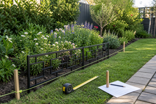 Decorative garden fence panels being measured with string, pegs and a tape measure beside a flower bed