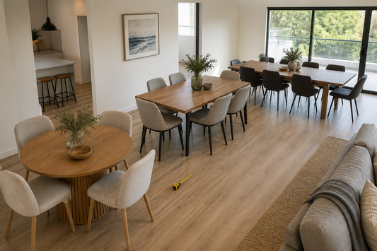 Round and rectangular dining tables with chairs in a bright Australian open-plan dining room