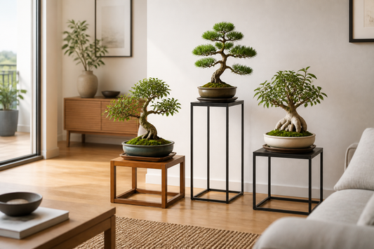 Bonsai in ceramic pots spaced across wooden and metal plant stands in a bright Australian apartment
