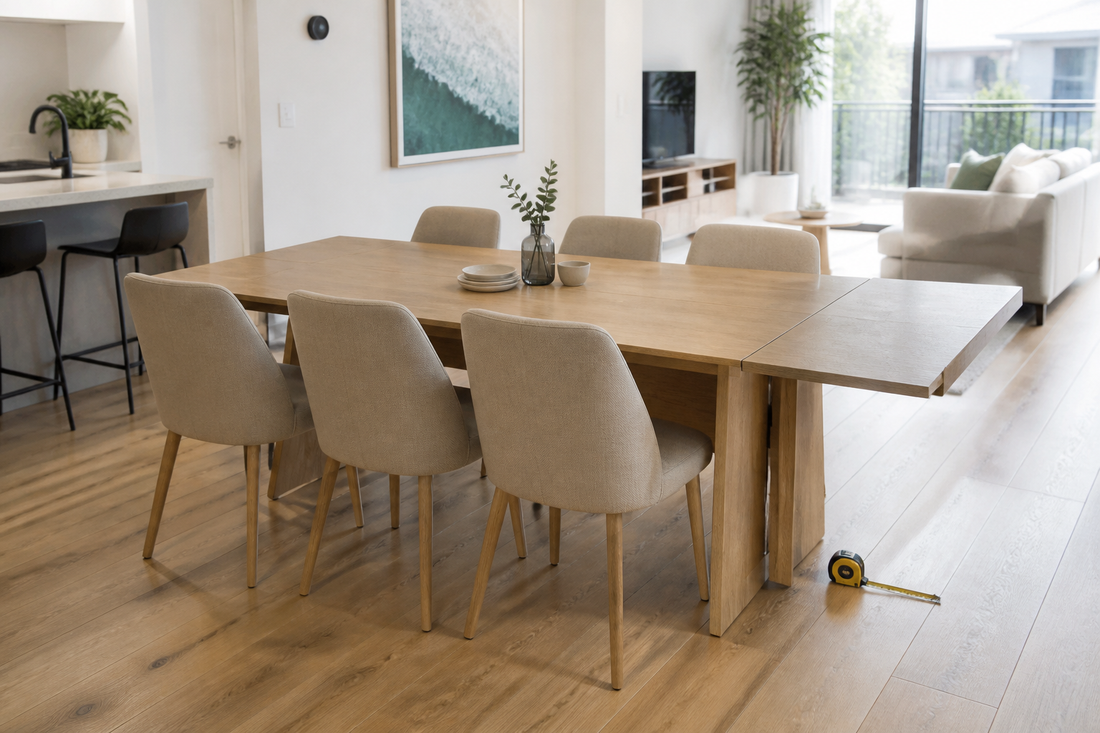 Extendable dining table with chairs and a tape measure in a bright Australian open-plan dining room