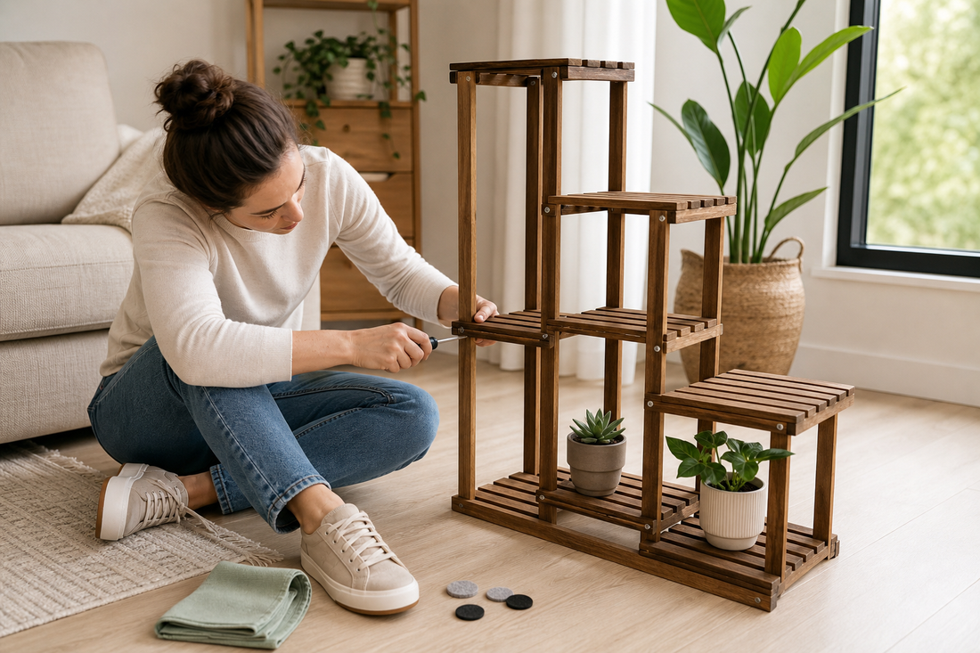 Person tightening a wooden plant stand in an apartment living room before loading pots