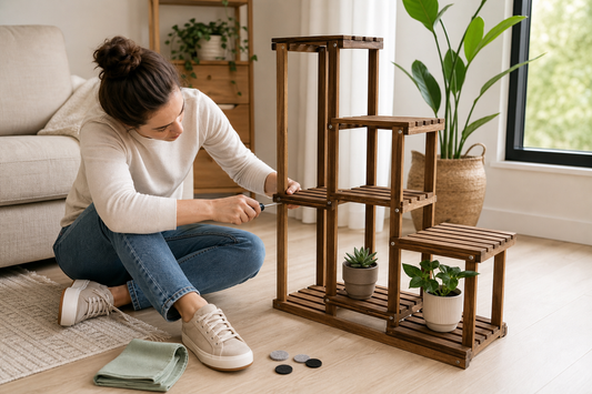Person tightening a wooden plant stand in an apartment living room before loading pots