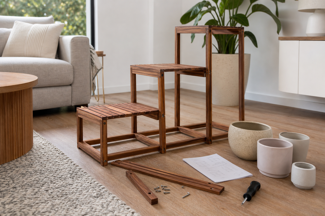 Partly assembled wooden plant stand with tools and empty pots on an apartment living room floor