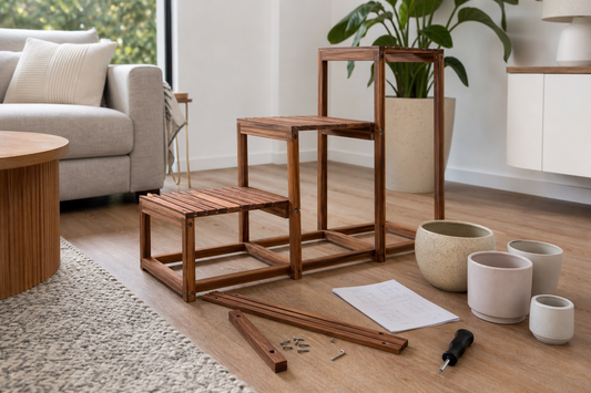 Partly assembled wooden plant stand with tools and empty pots on an apartment living room floor