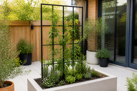 Black metal garden trellis with climbing plants in a raised patio planter