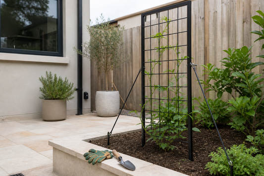 Black metal garden trellis braced with stakes in a raised Australian patio garden bed