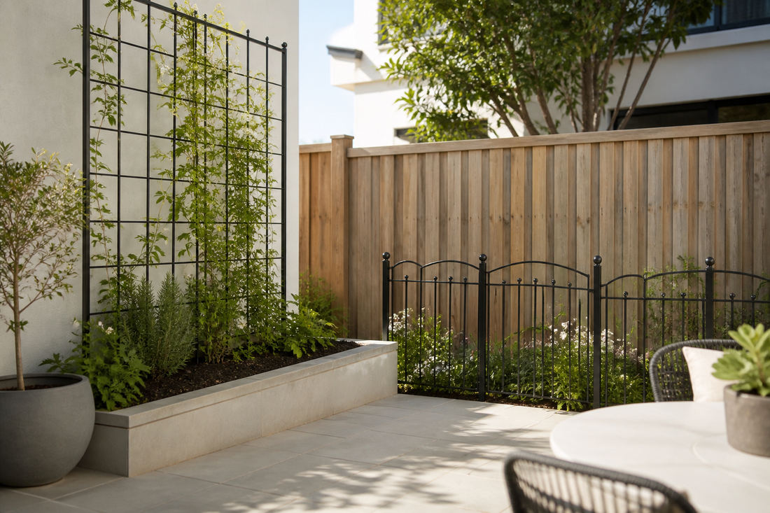 Black garden trellis with climbing plants beside decorative fence panels on an Australian patio