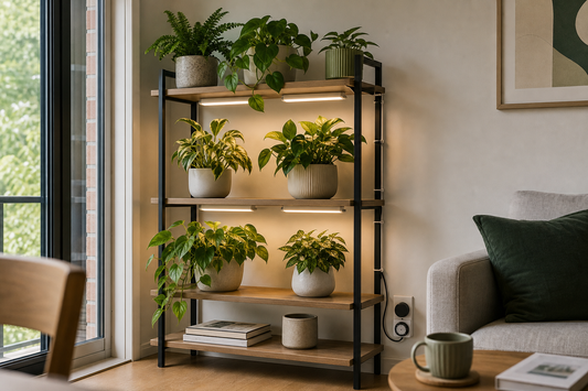 Multi-tier plant stand with indoor plants and warm LED grow light bars in an apartment living room