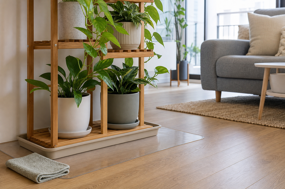 Wooden indoor plant stand with potted plants on saucers, a shallow tray and clear floor mat