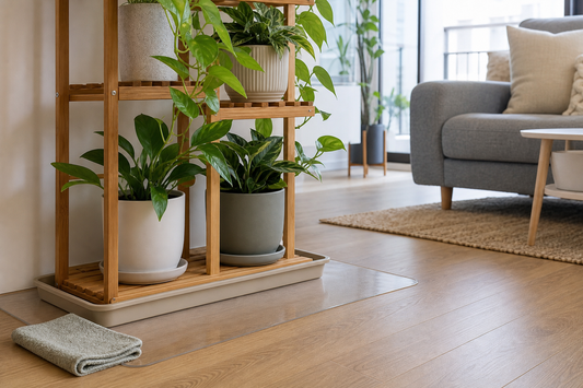 Wooden indoor plant stand with potted plants on saucers, a shallow tray and clear floor mat