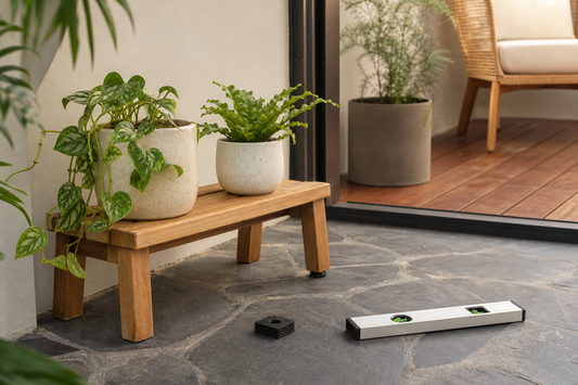 Wooden plant stand being levelled on uneven slate pavers with a spirit level nearby
