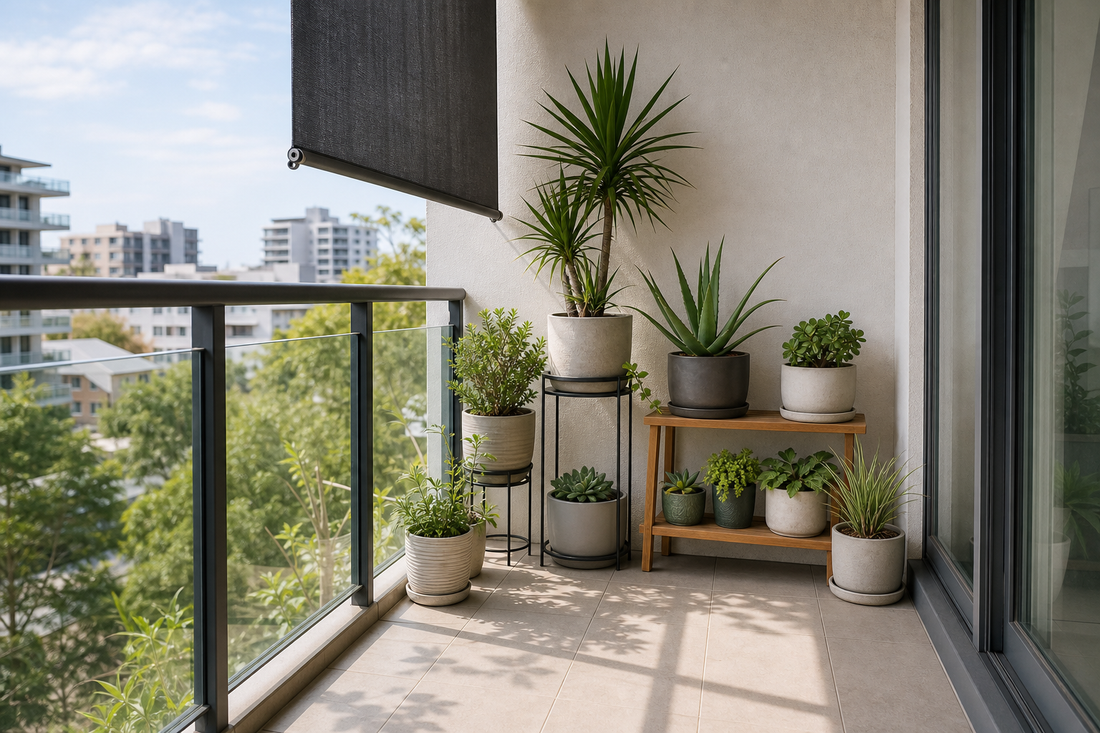 Plant stands with potted plants on a sunny north-facing Australian apartment balcony