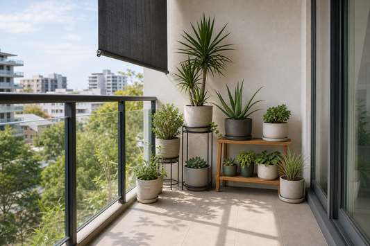 Plant stands with potted plants on a sunny north-facing Australian apartment balcony