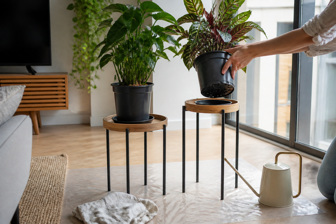 Nursery pots with drainage holes on wooden and metal plant stands in a bright apartment