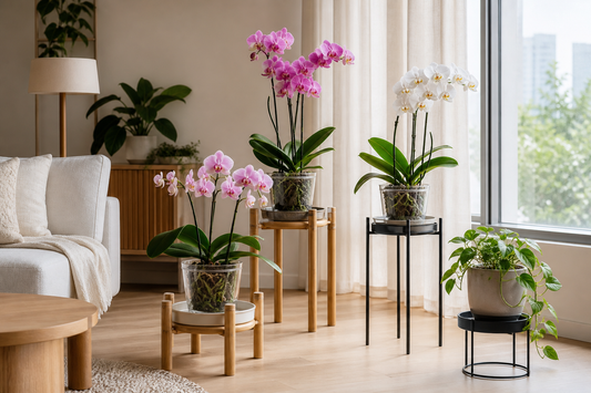 Orchids in clear pots on bamboo and metal plant stands near a bright Australian apartment window