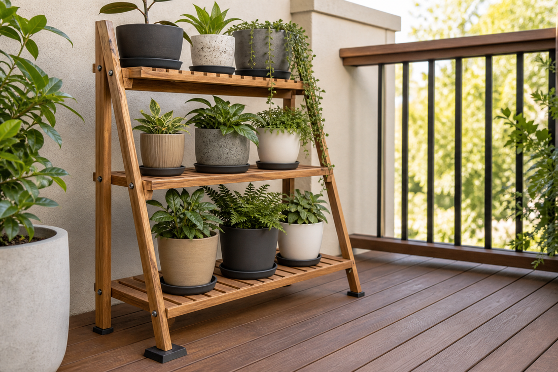 Outdoor wooden plant stand with potted plants and rubber feet on Australian timber decking
