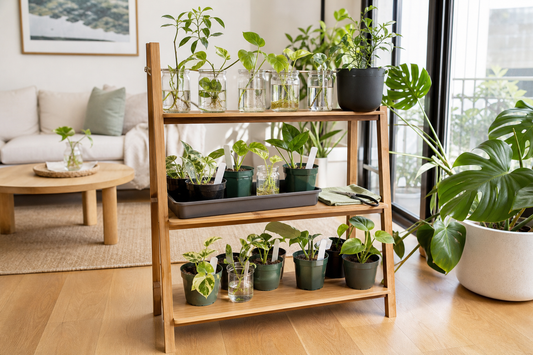 Multi-tier wooden plant stand with water jars, small pots and indoor plant cuttings near an apartment window