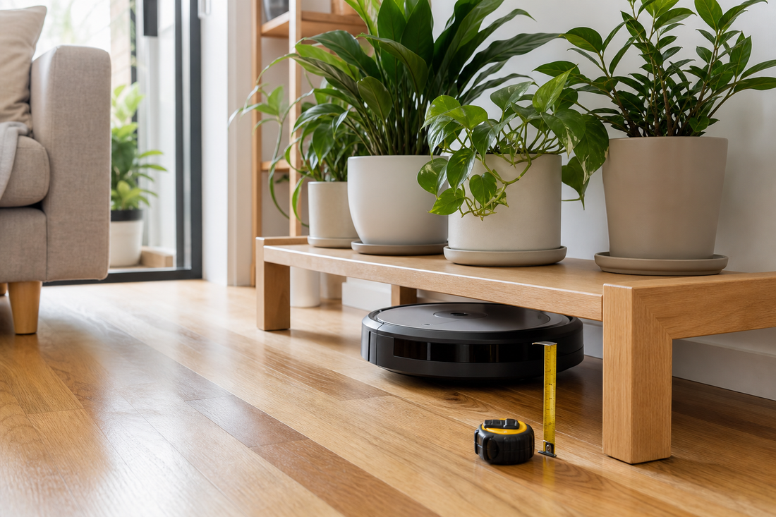 Wooden plant stand with a robot vacuum underneath and a tape measure on a timber floor