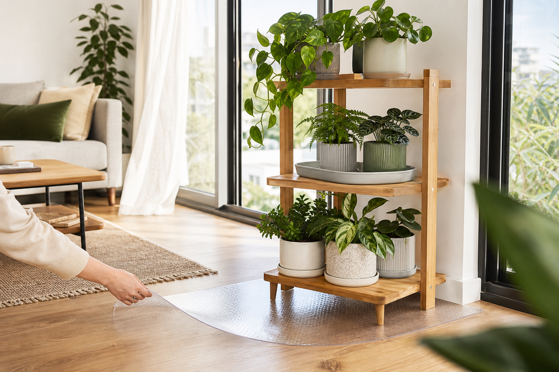 Wooden indoor plant stand with saucers, a tray and clear floor mat beside a bright apartment window