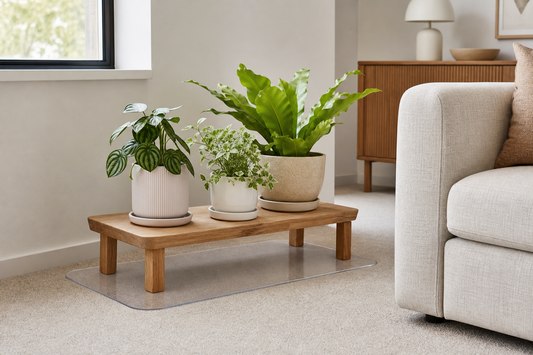 Low wooden plant stand with indoor potted plants on a protective mat over carpet