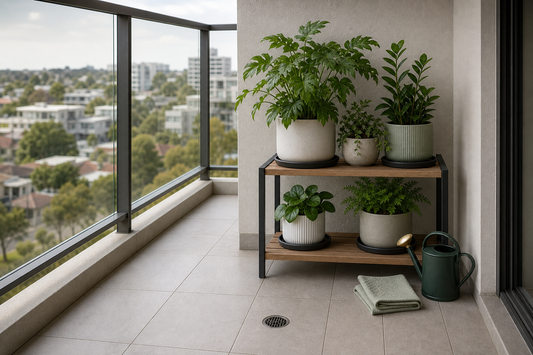 Plant stand with potted plants and drip trays on a tiled strata apartment balcony