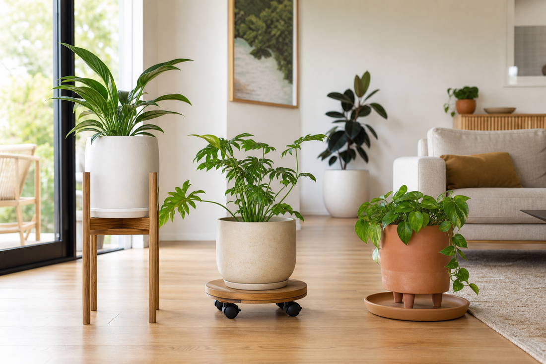 Plant stand, plant caddy and pot feet supporting indoor potted plants on a timber floor