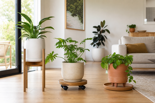 Plant stand, plant caddy and pot feet supporting indoor potted plants on a timber floor