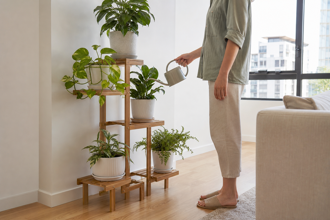 Person standing upright watering plants on a wooden tiered plant stand in an apartment living room