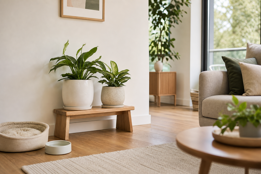 Low wooden plant stand with potted plants beside a wall in a pet-friendly living room