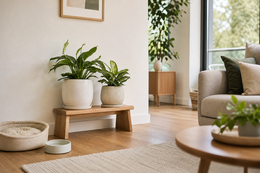 Low wooden plant stand with potted plants beside a wall in a pet-friendly living room