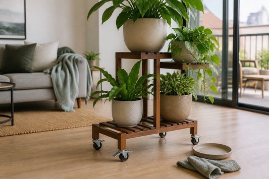 Wooden plant stand with locking wheels holding heavy potted plants in an Australian apartment living room
