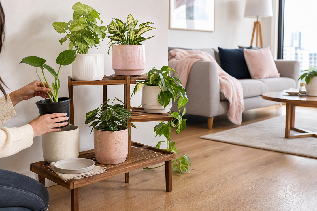 Wooden plant stand with indoor plants in decorative cachepots and a removable nursery pot