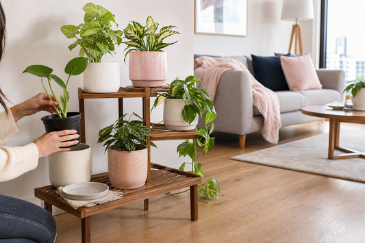 Wooden plant stand with indoor plants in decorative cachepots and a removable nursery pot