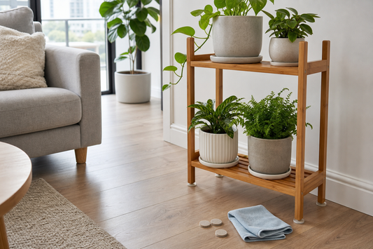 Wooden indoor plant stand with floor protectors under the feet on a clean timber-look floor