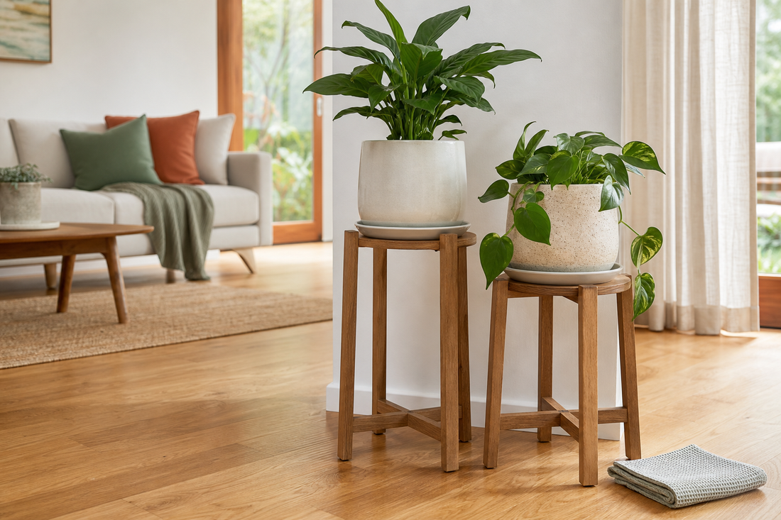 Indoor wooden plant stands with potted plants and detachable saucers on a dry timber floor